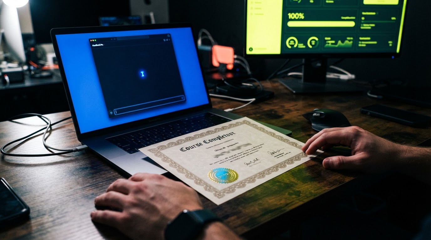 A course completion certificate on a dark desk lit by the blue glow of a laptop showing a chat cursor.