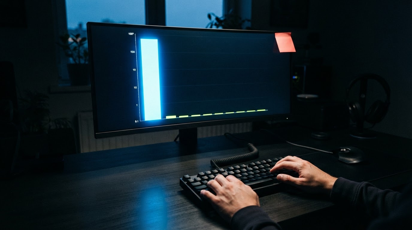 A dark desk at dawn with a glowing monitor showing one huge bar dwarfing eleven tiny bars on a funding chart.