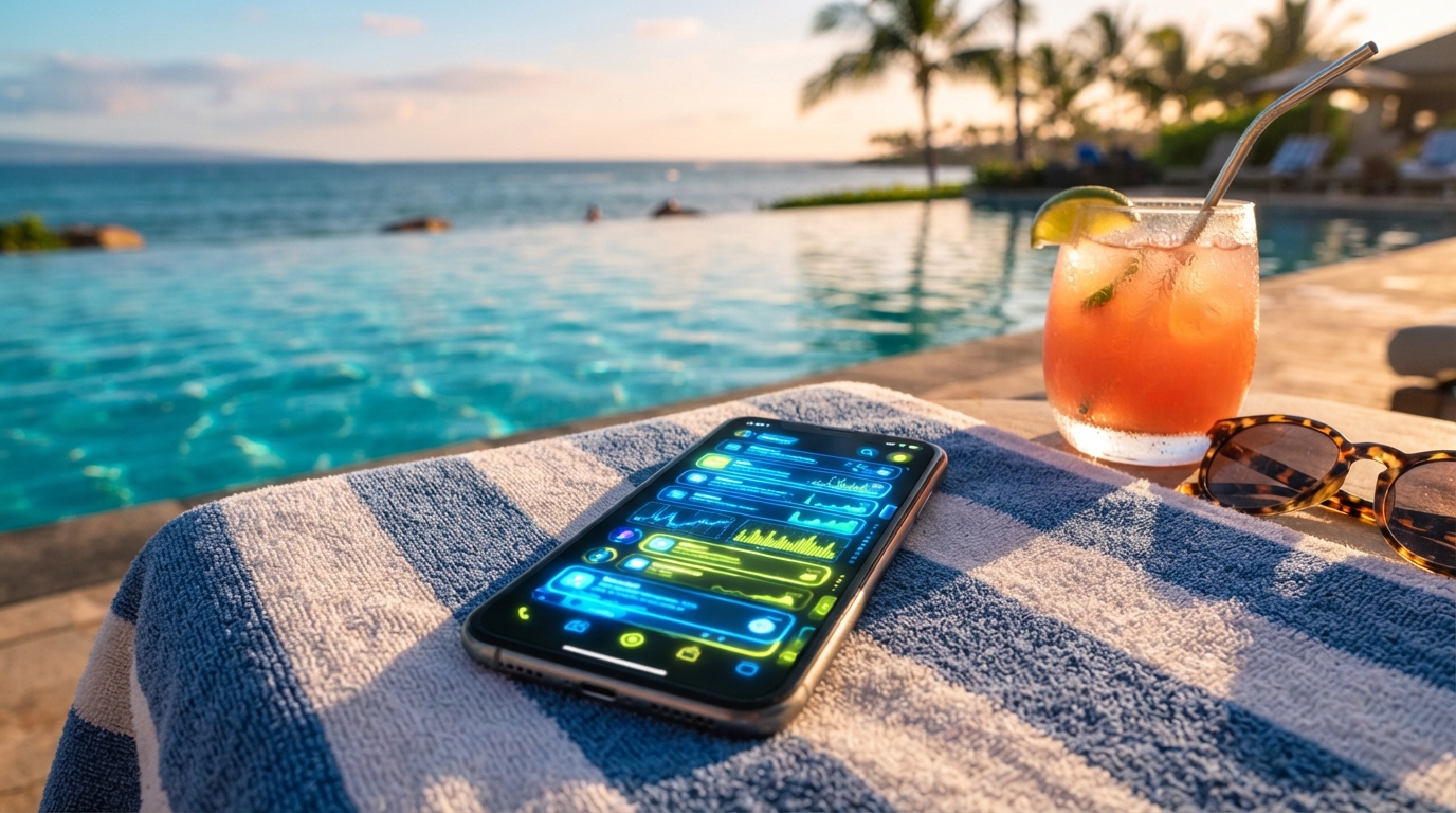 A phone on a poolside towel showing a stack of sales notifications, tropical water behind it