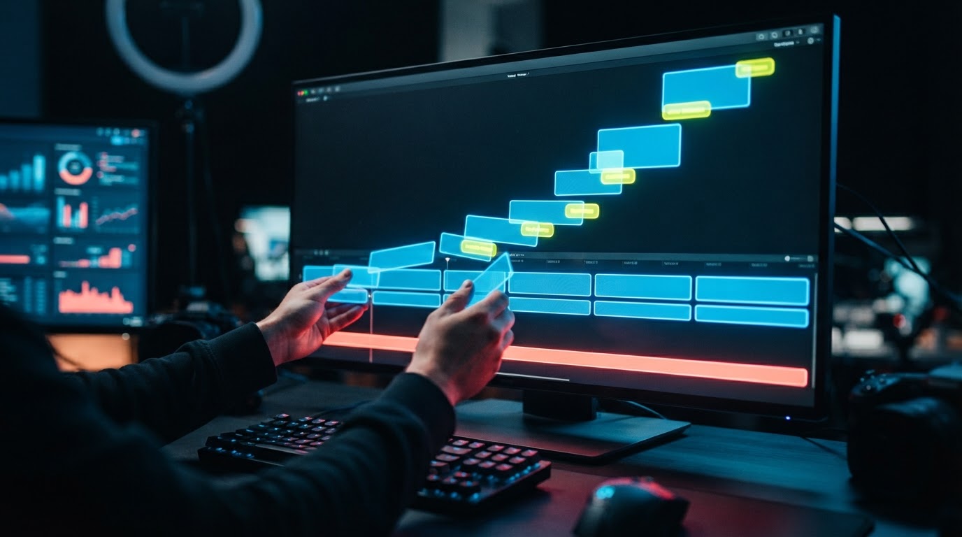 A course video timeline on a dark monitor broken into glowing segments being reassembled into a new learning path
