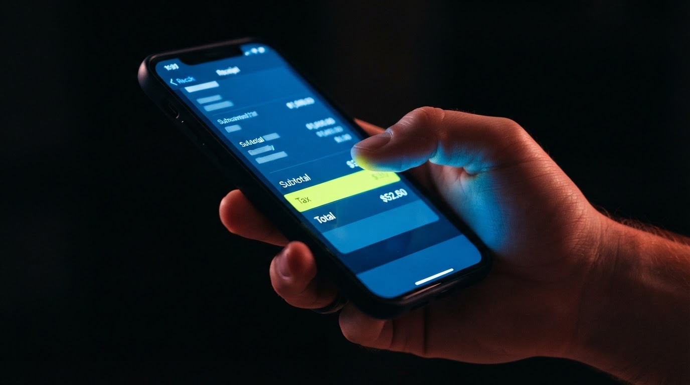 A phone screen showing a subscription renewal receipt with a tax line added below the subscription price.