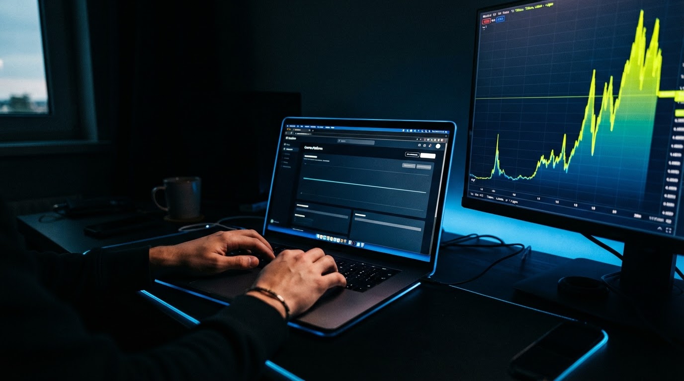 A dark desk with a laptop showing a flat course dashboard next to a monitor showing a sharply rising stock chart