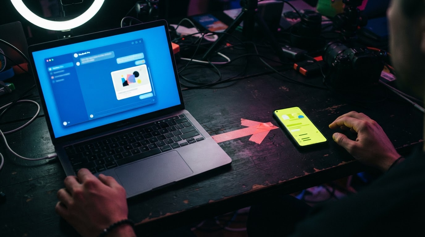 A chat interface on a laptop beside a phone showing a checkout confirmation, with an arrow pointing from the chat to the phone.