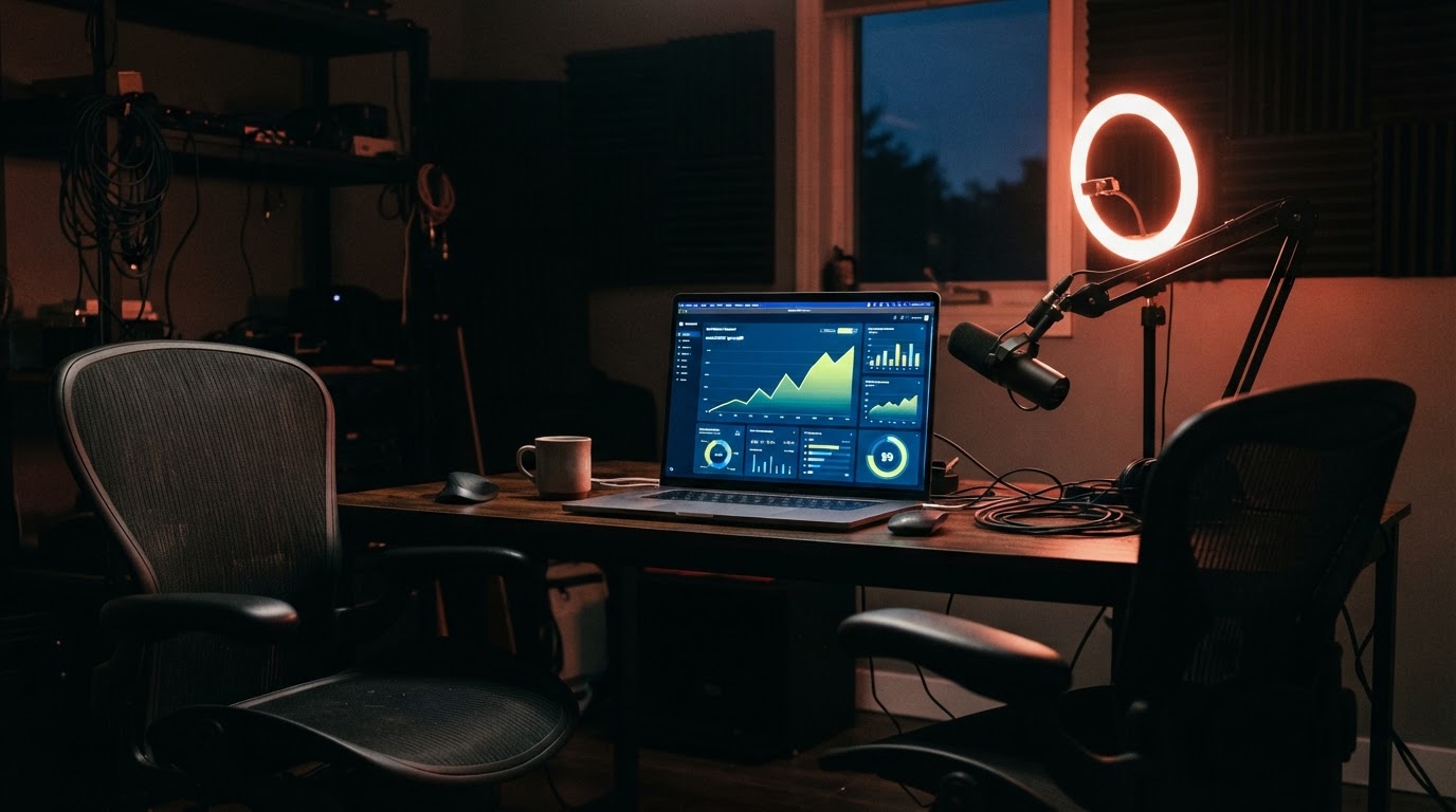 A dim home podcast studio with two chairs at one desk and a laptop showing a $9 membership dashboard.
