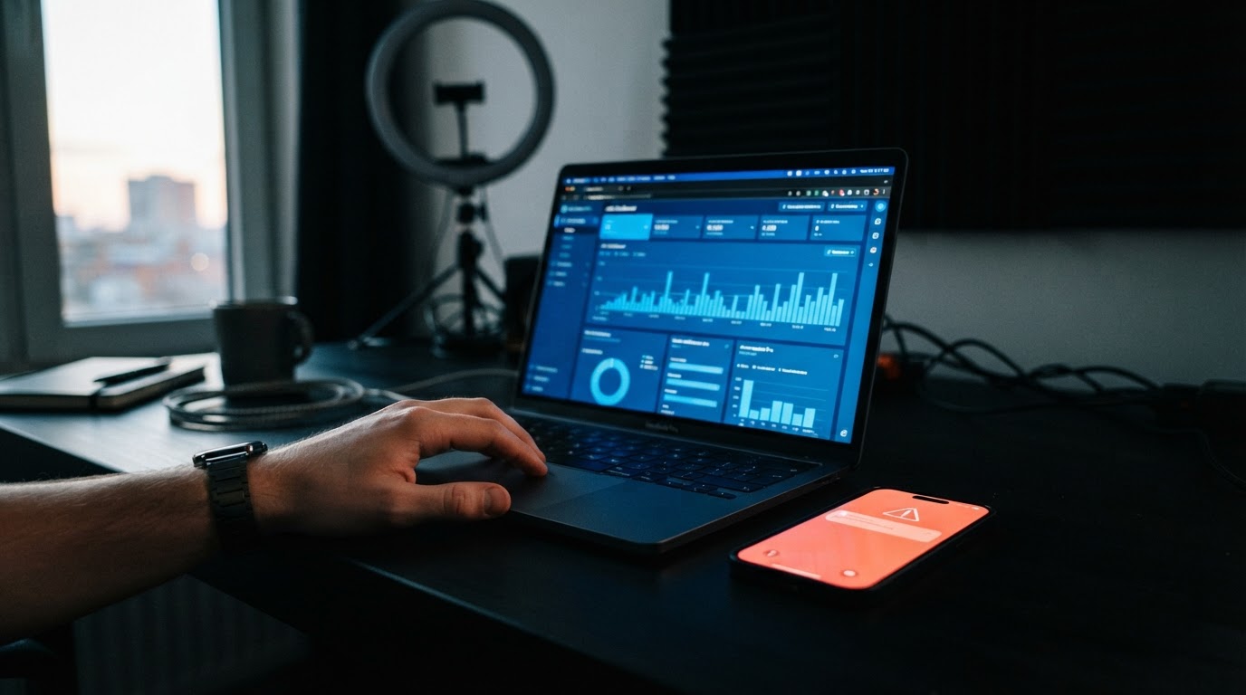 A dark desk at dawn with a laptop showing a flat advertising performance chart and a phone glowing with a red account alert.
