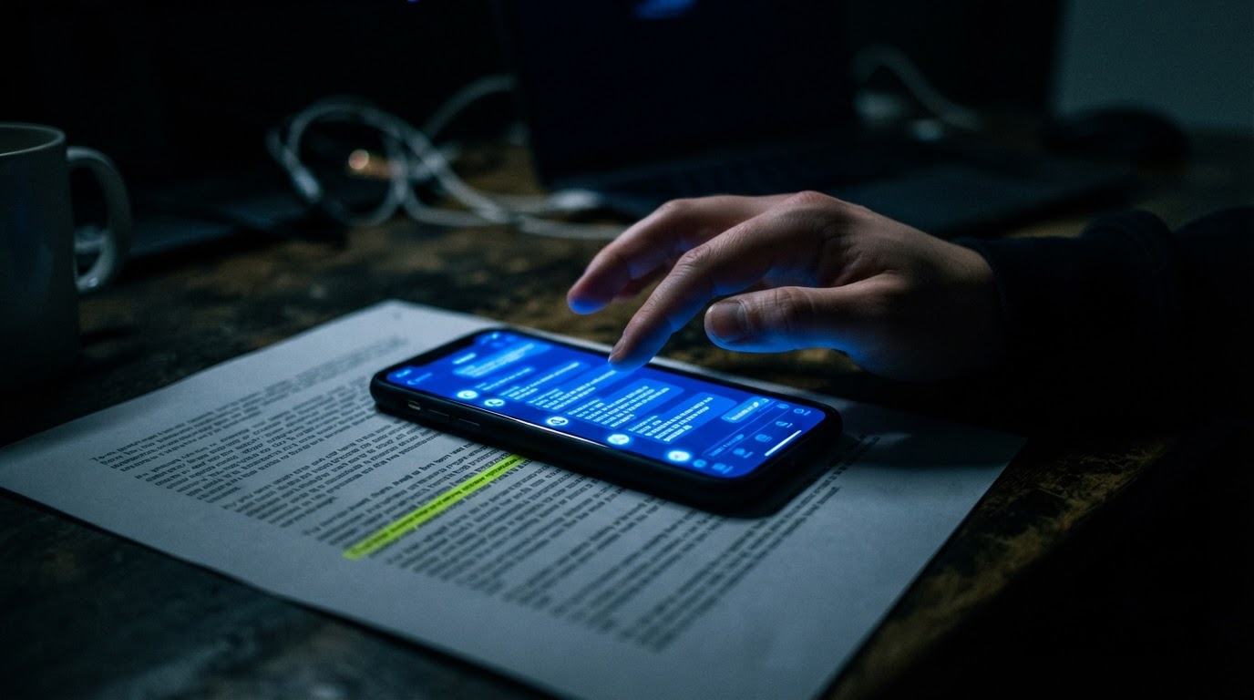 A phone showing a message thread lying on a printed deal document on a dark desk