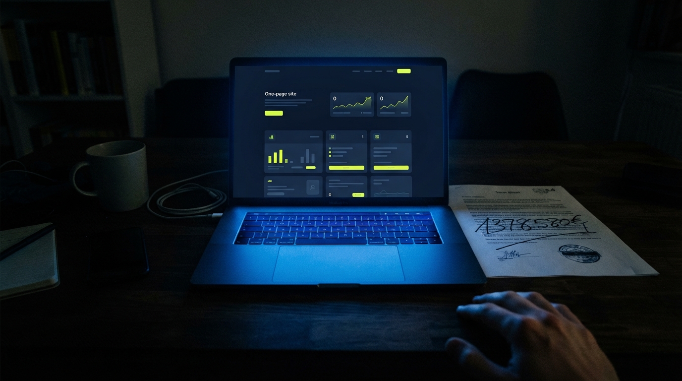 A laptop on a dark desk displaying a minimal one-page startup website next to a printed investment document