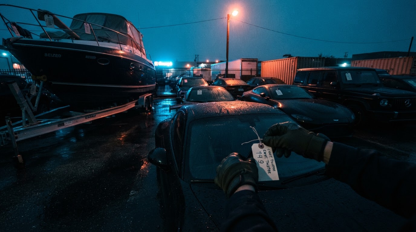 Seized luxury cars and a yacht on a trailer in a floodlit impound lot with numbered inventory tags on the windshields