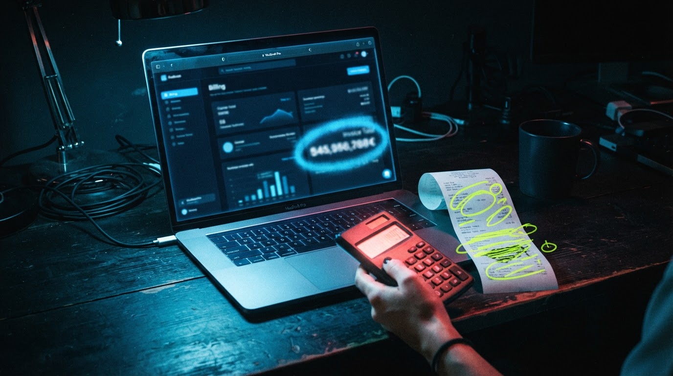 A laptop showing a platform billing screen beside a marked-up printed invoice and a calculator on a dark desk.