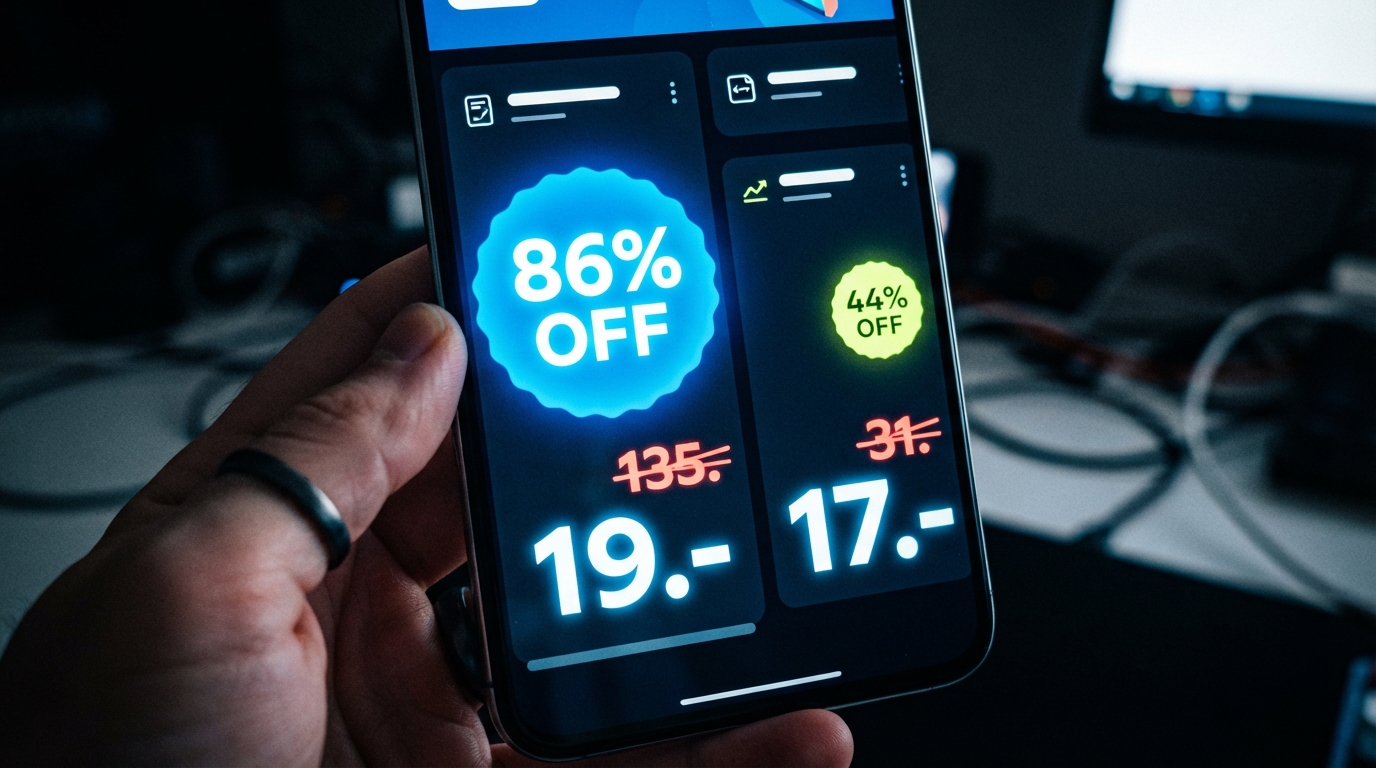 A phone screen showing two discounted online course listings with very different discount badges but almost identical final prices.