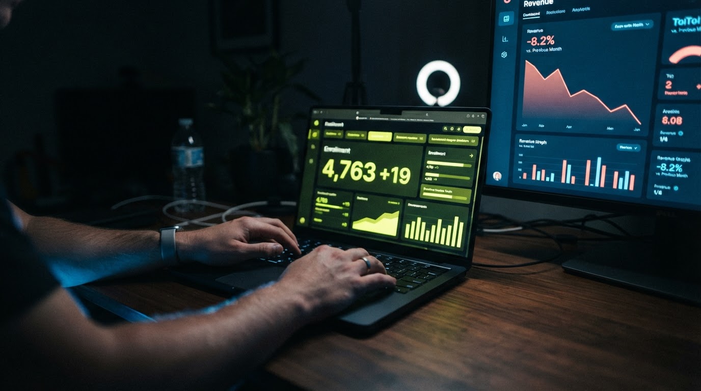 Two glowing screens on a dark desk: an enrollment counter rising, a revenue chart falling.