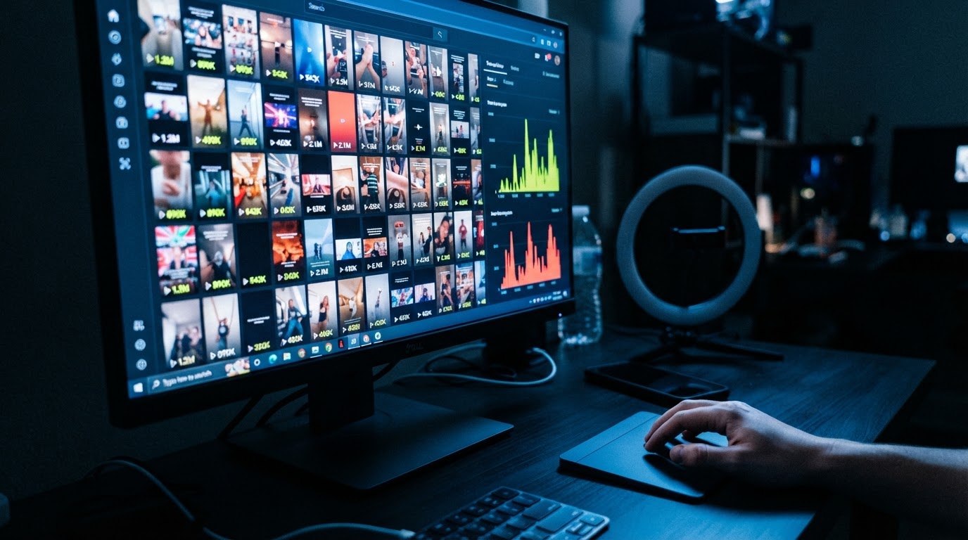 An anonymous hand at a dark desk in front of a monitor showing a grid of short-form video thumbnails and rising view counts.