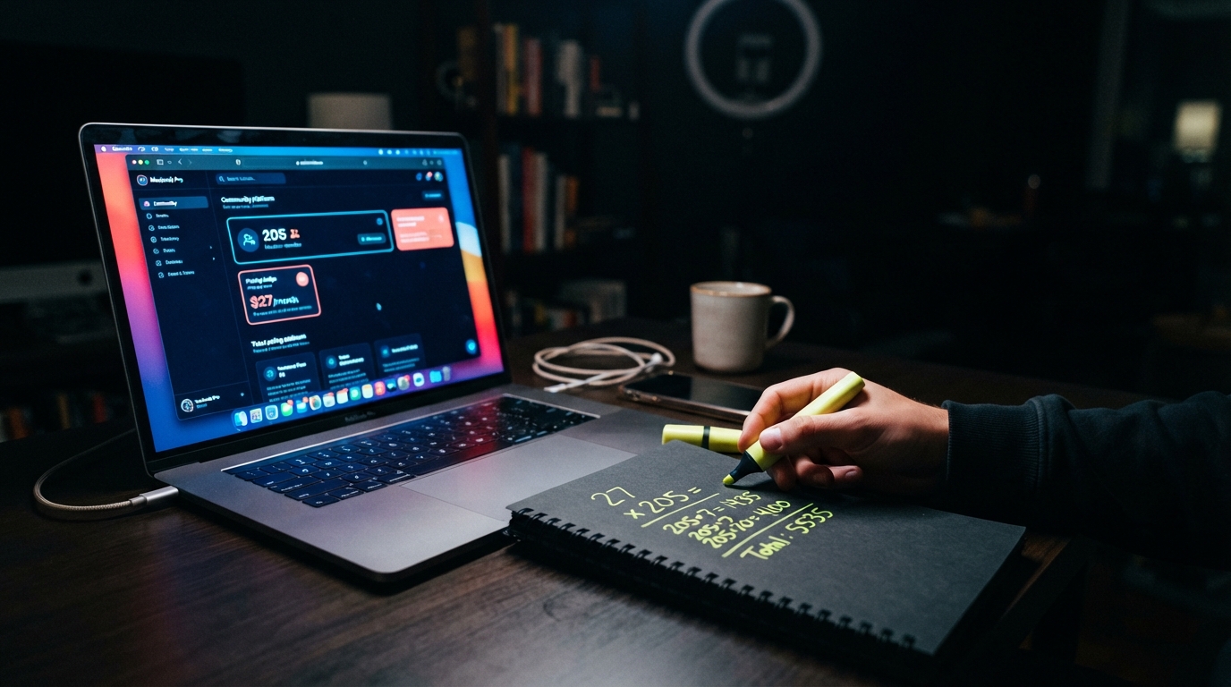 A laptop dashboard showing a 205-member community priced at $27 a month, with the multiplication worked out by hand on a notepad beside it.