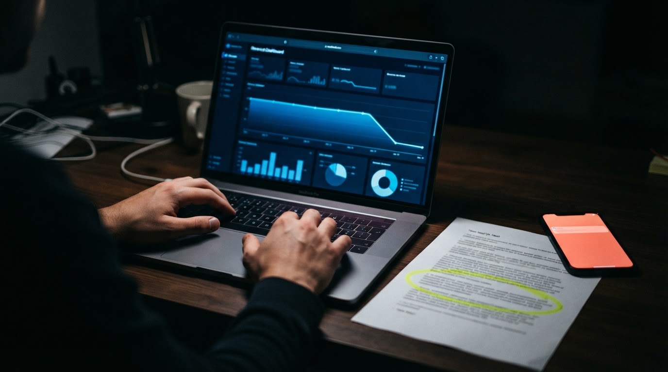 A laptop showing a revenue dashboard beside a printed term sheet with a clause circled in bright marker.