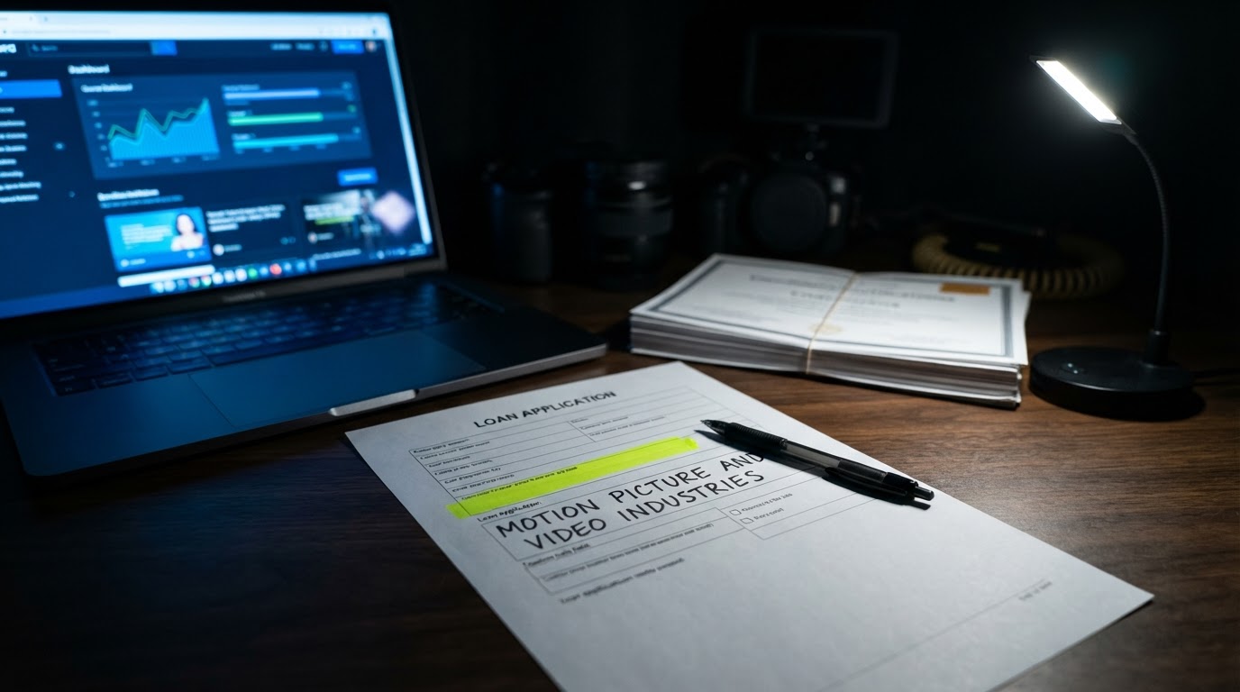 A small-business loan form with the industry field filled in as Motion Picture and Video Industries, next to a glowing laptop showing a course sales dashboard.